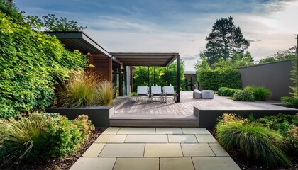 modern landscape design with sleek patios and lush greenery