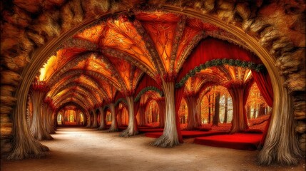 Fototapeta premium Ornate arched hallway with tree trunk columns and autumn forest view through draped red fabrics