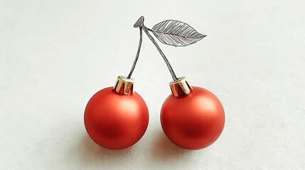 Two red Christmas tree ornament balls in the form of cherries with a hand-drawn stem and leaf on white background. New Years greeting card banner