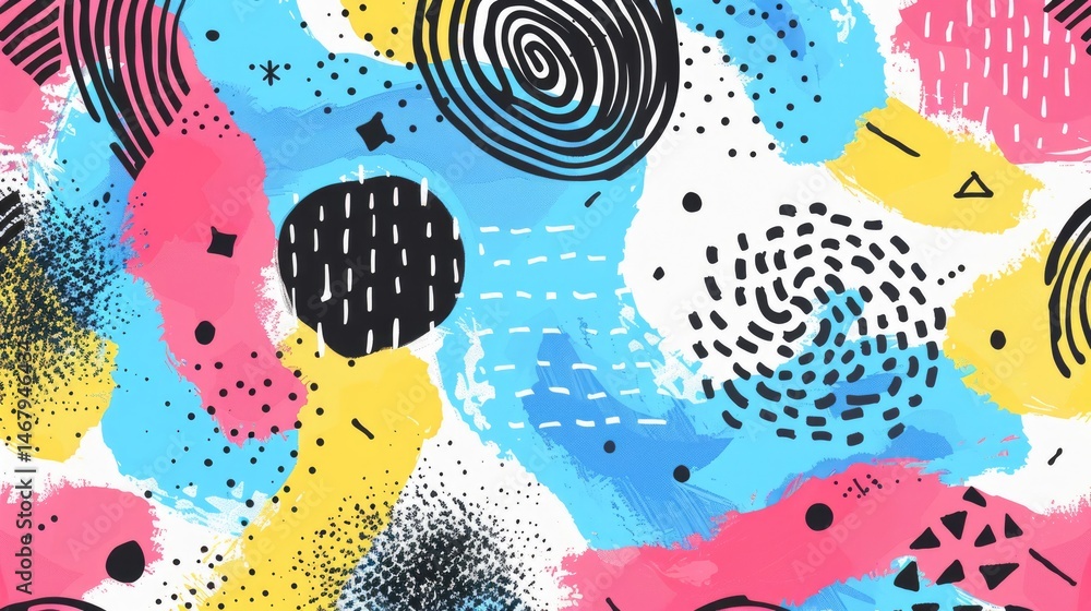 Poster the close up of the abstract picture of the colourful memphis pattern wallpaper, memphis pattern is 