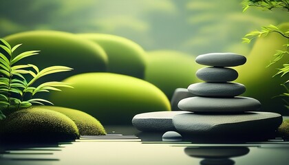 Obraz premium tranquil zen garden scene with minimalist rock stacks and greenery
