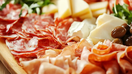 Assortment of cold cuts charcuterie salami ham variety of soft and hard cured cheese olives antipasti on a board. Close up