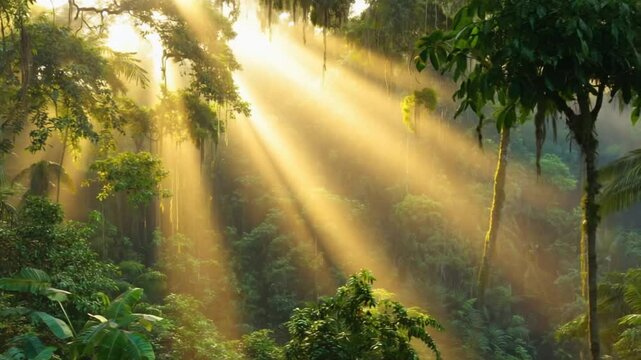 Golden light through lush rainforest