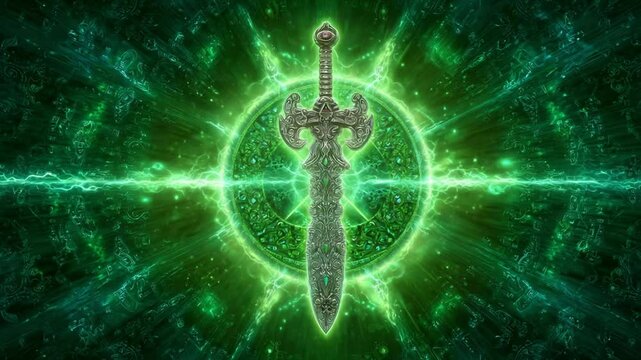 Intricate sword design with glowing green aura and mystical patterns in the background