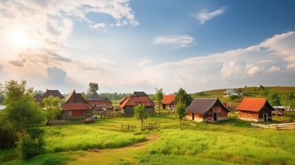 Obraz premium Picturesque village nestled in a lush valley under a vibrant sky