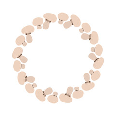 Round frame of champignons. Mushroom circle decoration made of light-colored fungi arranged in a circular pattern for artistic display