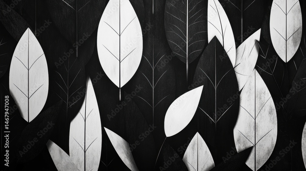 Poster a collection of stylized leaves in black and white, varying in size and shape, creating a dynamic an