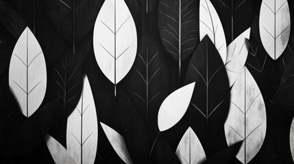 A collection of stylized leaves in black and white, varying in size and shape, creating a dynamic and visually interesting composition.