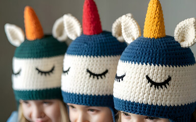 Cute and Soft Unicorn Yarn Hats in White, Blue, Red, and Yellow for Children

