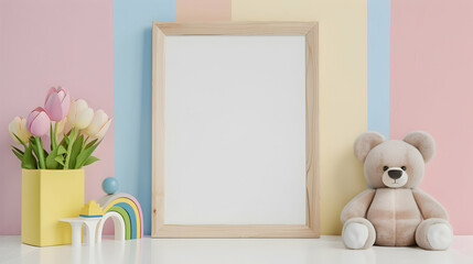 White blank wood frame with teddy bear and pastel toy rainbow on white desk. Blank horizontal frame mockup, baby room art with baby kid toys over pink, yellow and blue background