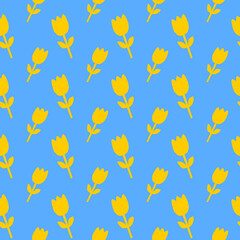 Floral Pattern Yellow Tulips Blue Background Textile Design