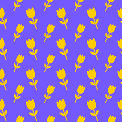 Yellow Tulips Seamless Pattern Purple Background Spring Floral Design