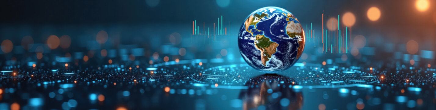 LinkedIn banner featuring a globe reflected across a mirrored data surface with subtle icon overlays, symbolizing global connectivity in operations.