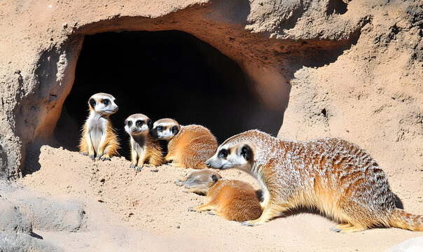Group of meerkats on alert, balancing on hind legs while scanning the environment in a dry, sandy landscape