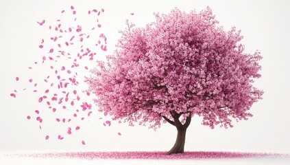 Blooming pink tree, petals falling