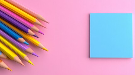 Colorful Pencils and Blue Sticky Note on Pink Background