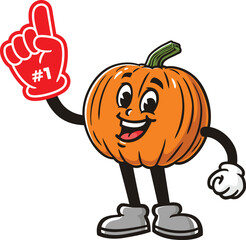 Cartoon pumpkin character wearing giant foam finger