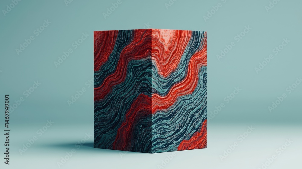 Poster abstract art: a 3d rendering of a cube with a swirling pattern of red, blue, and black.