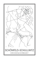 Hand drawn printable downtown road map poster of borough SCHÖNFELD-SCHULLWITZ of the German city of DRESDEN on solid white background with city name