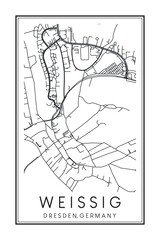 Hand drawn printable downtown road map poster of borough WEISSIG of the German city of DRESDEN on solid white background with city name