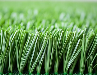Close-up view of artificial grass blades.  Artificial turf field, closely packed blades of grass.  Artificial green grass texture