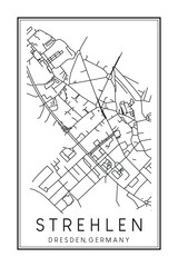 Hand drawn printable downtown road map poster of borough STREHLEN MIT REICK-NORDWEST of the German city of DRESDEN on solid white background with city name