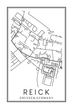 Hand drawn printable downtown road map poster of borough REICK of the German city of DRESDEN on solid white background with city name