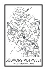 Hand drawn printable downtown road map poster of borough SÜDVORSTADT-WEST of the German city of DRESDEN on solid white background with city name