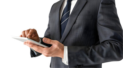A businessman in a suit using a tablet device with a dark background in a professional setting