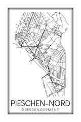 Fototapeta premium Hand drawn printable downtown road map poster of borough PIESCHEN-NORD-TRACHENBERGE MIT LEIPZIGER VORSTADT-NORDWEST of the German city of DRESDEN on solid white background with city name