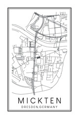 Hand drawn printable downtown road map poster of borough MICKTEN MIT TRACHAU-SÜD, ÜBIGAU UND KADITZ-SÜD of the German city of DRESDEN on solid white background with city name
