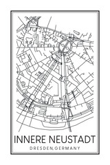 Obraz premium Hand drawn printable downtown road map poster of borough INNERE NEUSTADT of the German city of DRESDEN on solid white background with city name