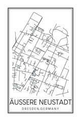 Hand drawn printable downtown road map poster of borough ÄUSSERE NEUSTADT of the German city of DRESDEN on solid white background with city name