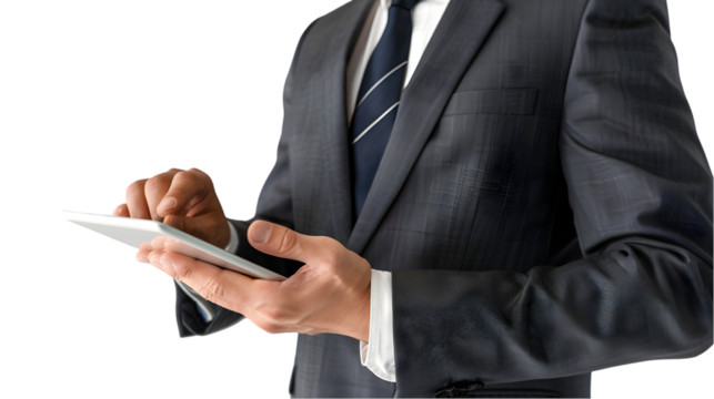 A businessman in a suit using a tablet device with a dark background in a professional setting