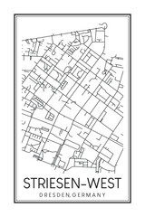 Hand drawn printable downtown road map poster of borough STRIESEN-WEST of the German city of DRESDEN on solid white background with city name