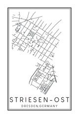 Hand drawn printable downtown road map poster of borough STRIESEN-OST of the German city of DRESDEN on solid white background with city name