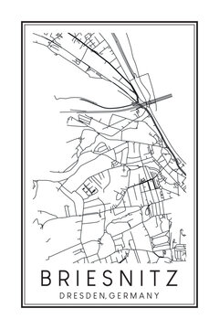 Hand drawn printable downtown road map poster of borough BRIESNITZ MIT STETZSCH, KEMNITZ, LEUTEWITZ UND ALTOMSEWITZ of the German city of DRESDEN on solid white background with city name