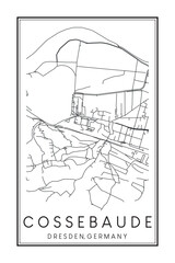 Obraz premium Hand drawn printable downtown road map poster of borough COSSEBAUDE of the German city of DRESDEN on solid white background with city name