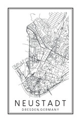 Obraz premium Hand drawn printable downtown road map poster of borough NEUSTADT of the German city of DRESDEN on solid white background with city name