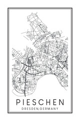 Hand drawn printable downtown road map poster of borough PIESCHEN of the German city of DRESDEN on solid white background with city name