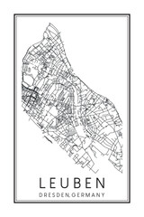 Hand drawn printable downtown road map poster of borough LEUBEN of the German city of DRESDEN on solid white background with city name