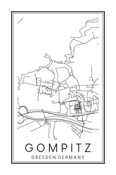 Hand drawn printable downtown road map poster of borough GOMPITZ of the German city of DRESDEN on solid white background with city name