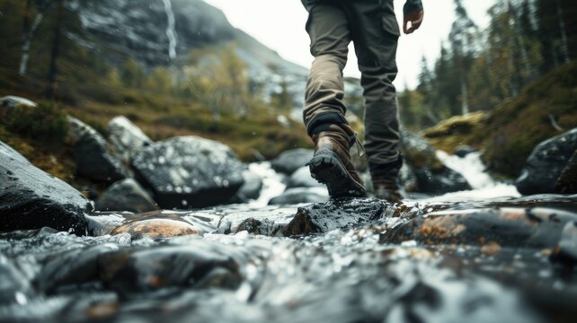 Traveler travel to mountain walk through stone and fresh stream on vacation outside trip activity. Journey of tourist touring to natural scenic place with rock scatter around water of river. AIG53.