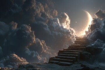 Stairs rising into clouds with celestial lights, spiritual surrealism