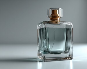 Transparent perfume bottle standing on clean white surface.