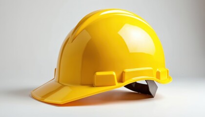 Fototapeta premium Bright yellow hard hat stands on white background. Safety equipment for construction, industry, engineering, work site protection. Head protection, headgear measure, construction site job workplace.
