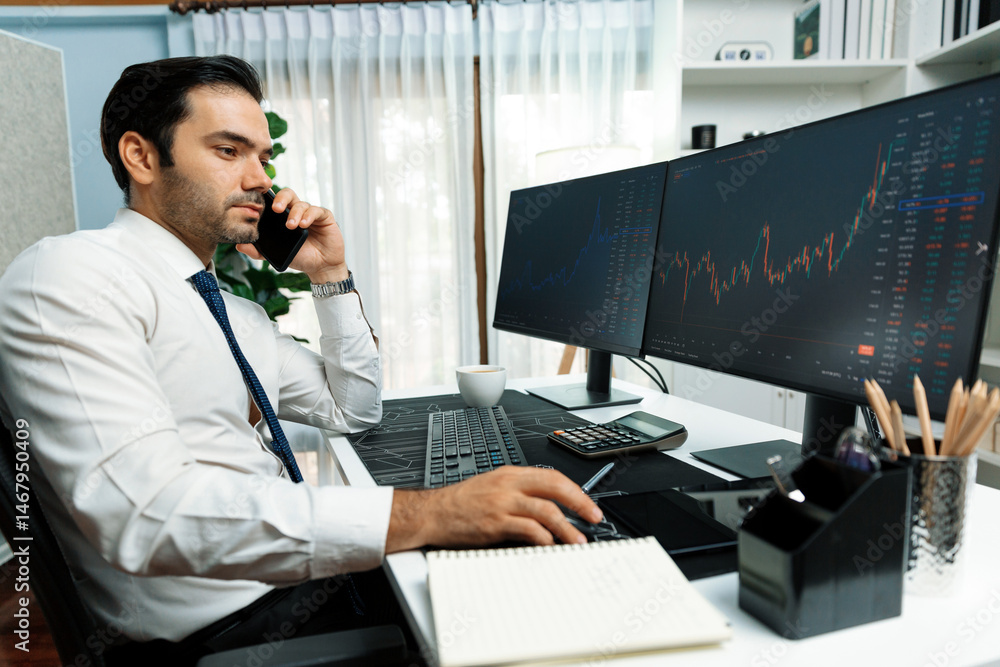 Poster trader businessman calling to consultant or partner with two stock exchange investment, compare data