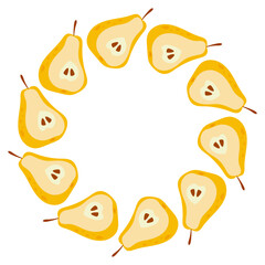 Round frame made of pear halves in Hand drawn style on a white background. Summer illustration.
