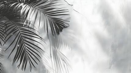 White gray grunge cement texture wall leaf plant shadow background.Summer tropical travel beach with minimal concept. Flat lay palm nature.