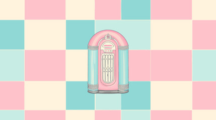 Retro jukebox illustration on pink diner wall with teal tile vector background for presentations
